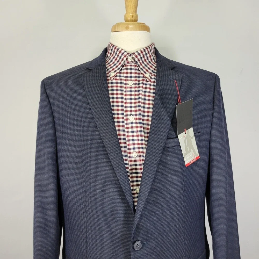 Van‎ Heusen Flex Men's Sport Coat Blazer Navy Houndstooth Poly Blend 46L NEW